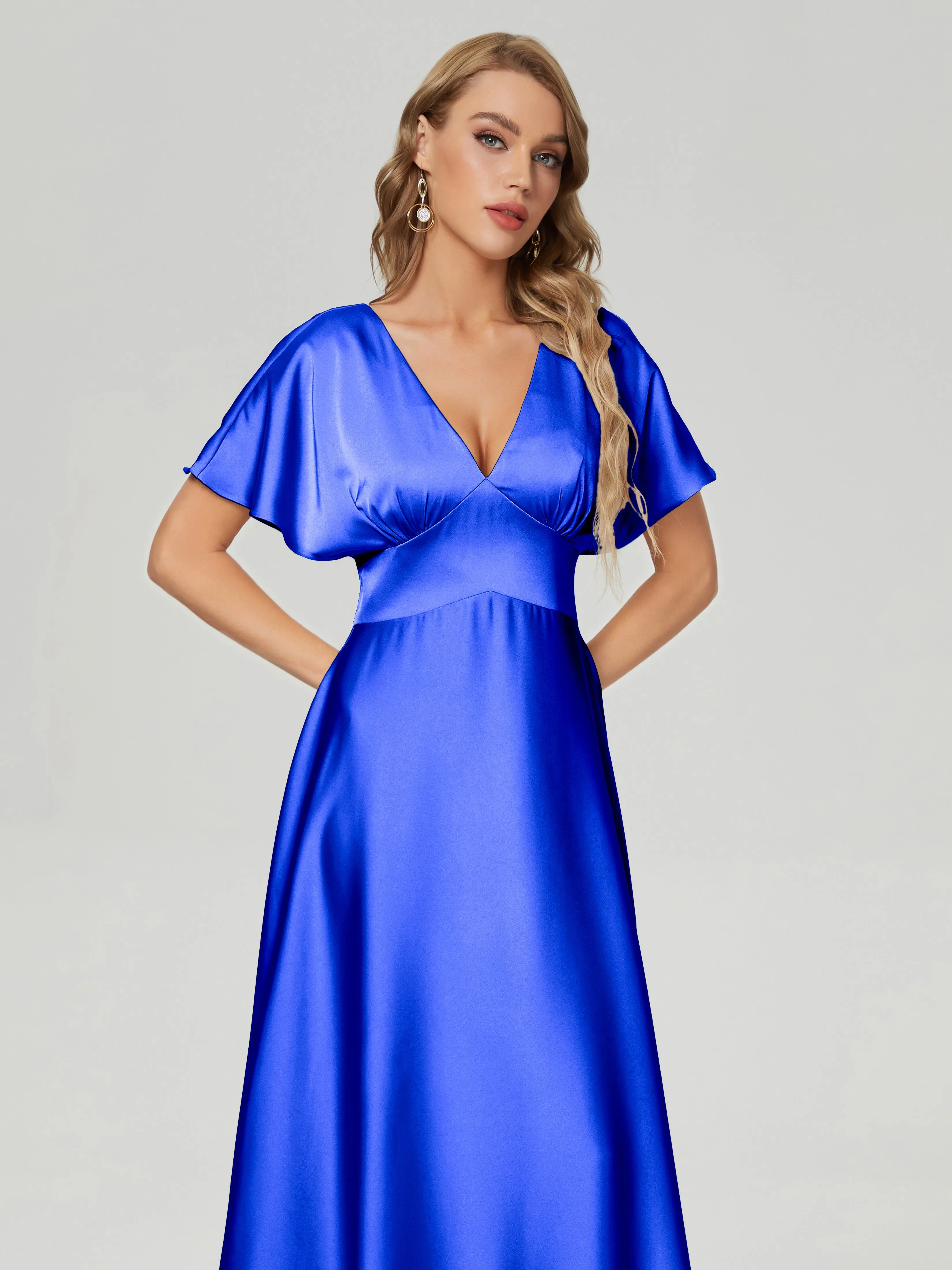 Cap Sleeves Soft Satin Prom Dresses