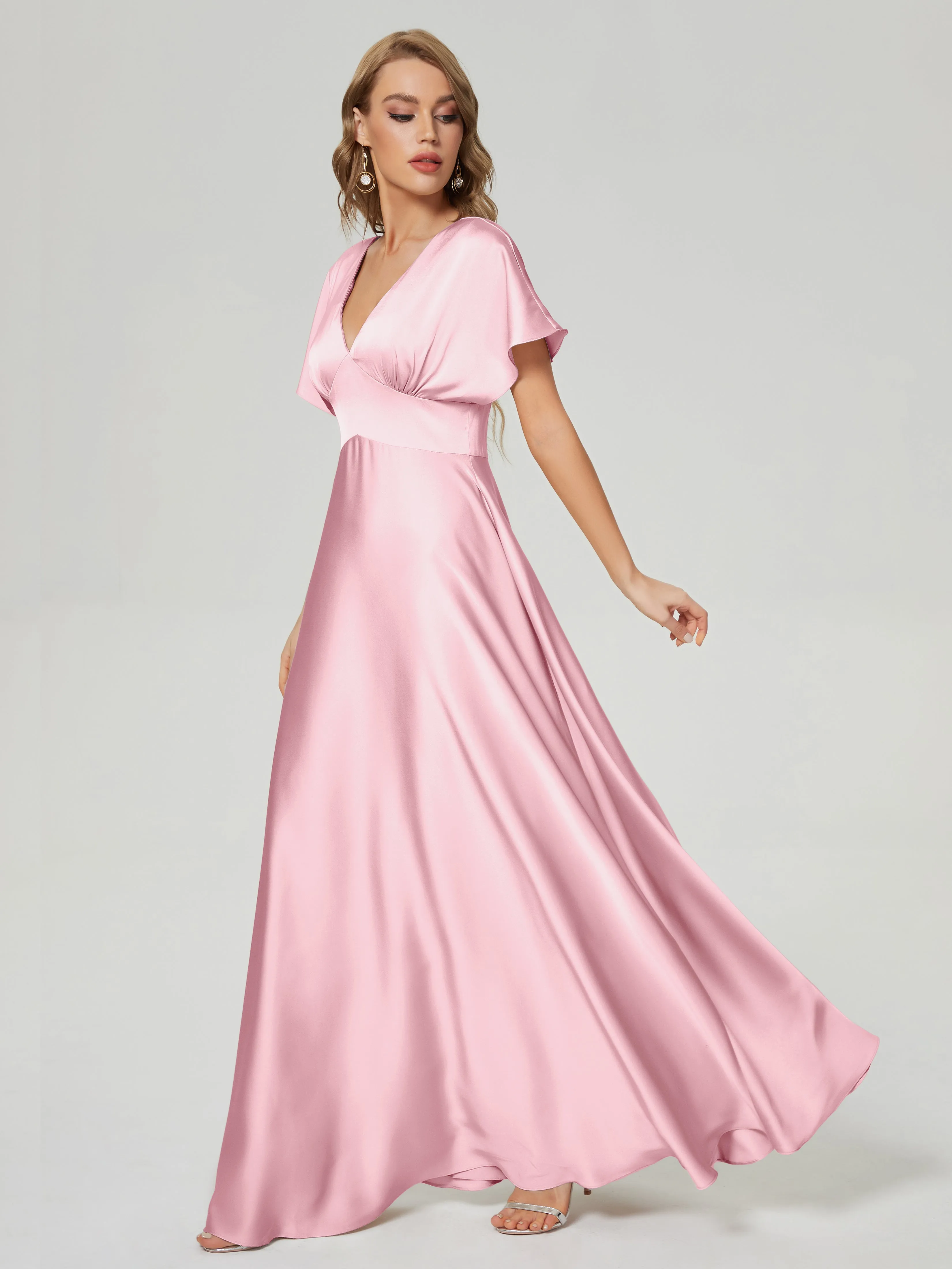 Cap Sleeves Soft Satin Prom Dresses