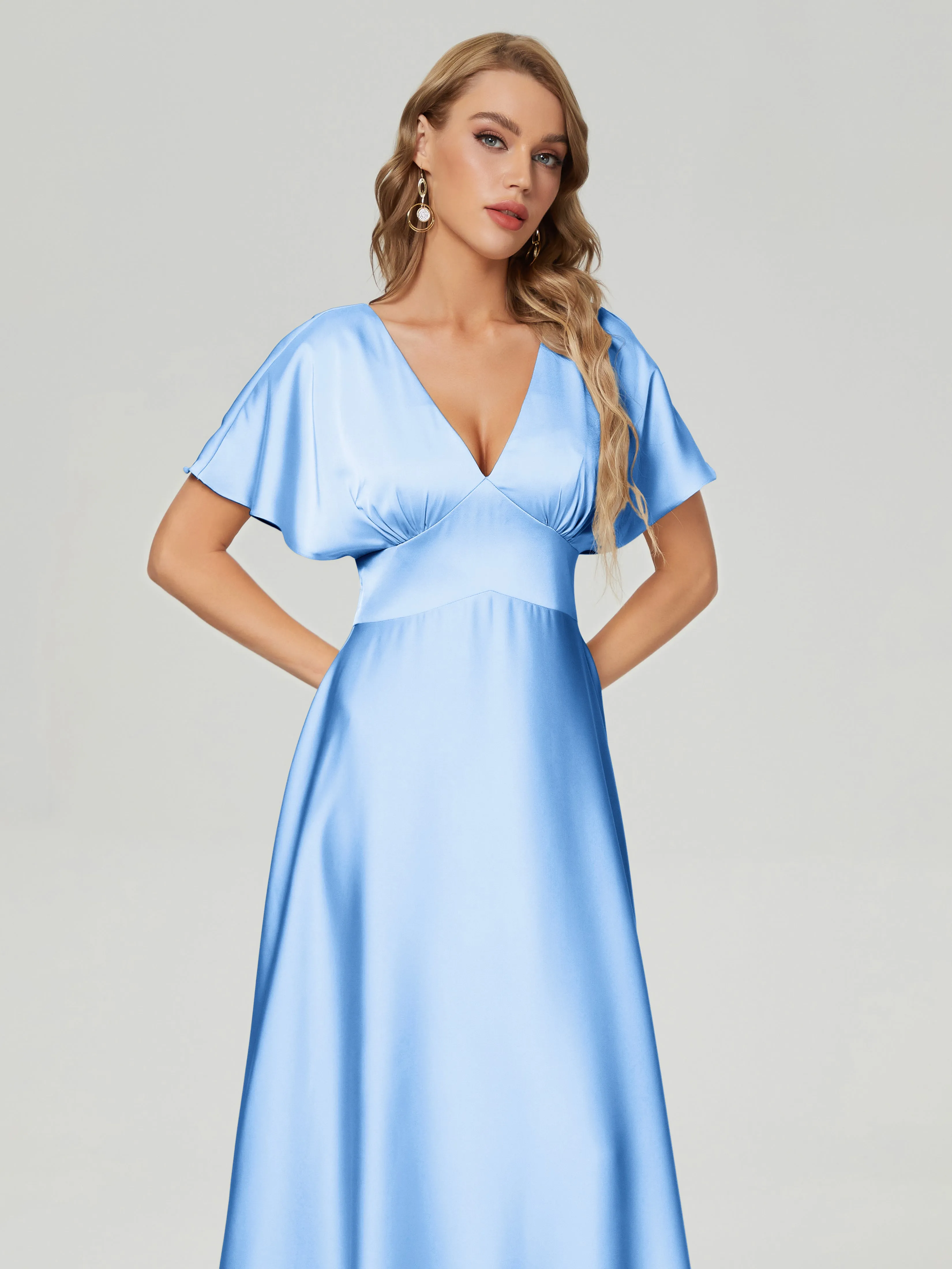 Cap Sleeves Soft Satin Prom Dresses