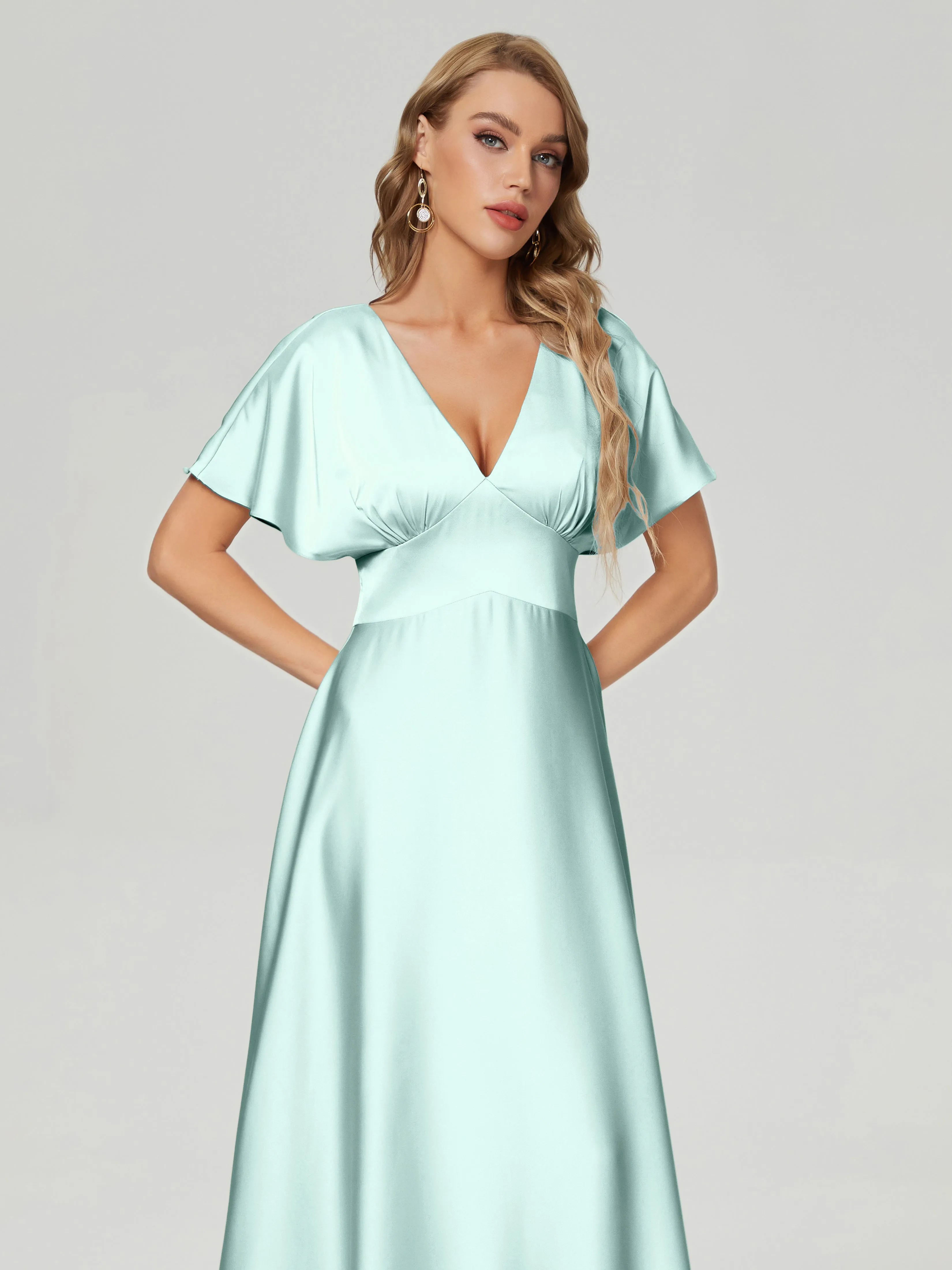 Cap Sleeves Soft Satin Prom Dresses