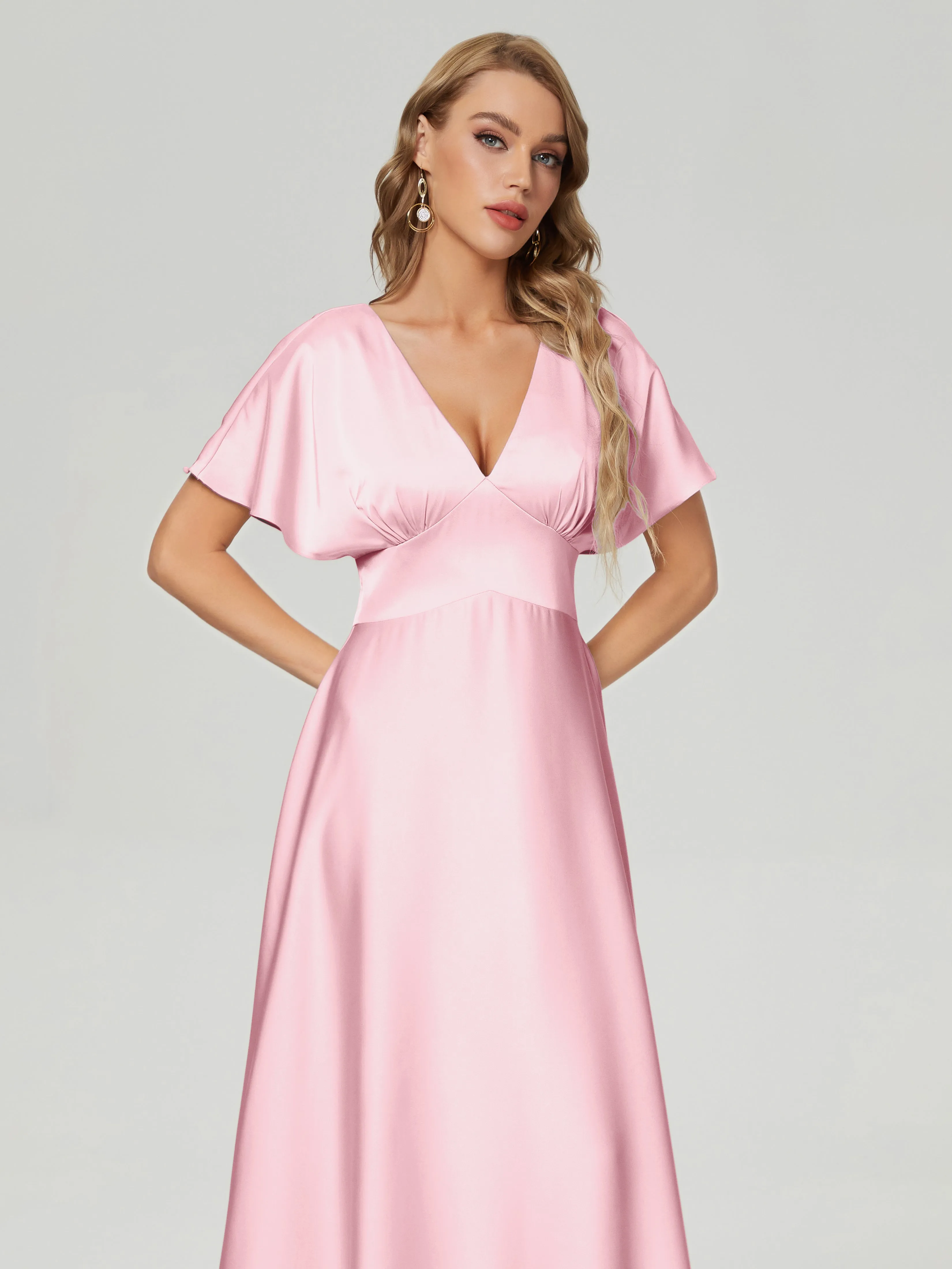 Cap Sleeves Soft Satin Prom Dresses