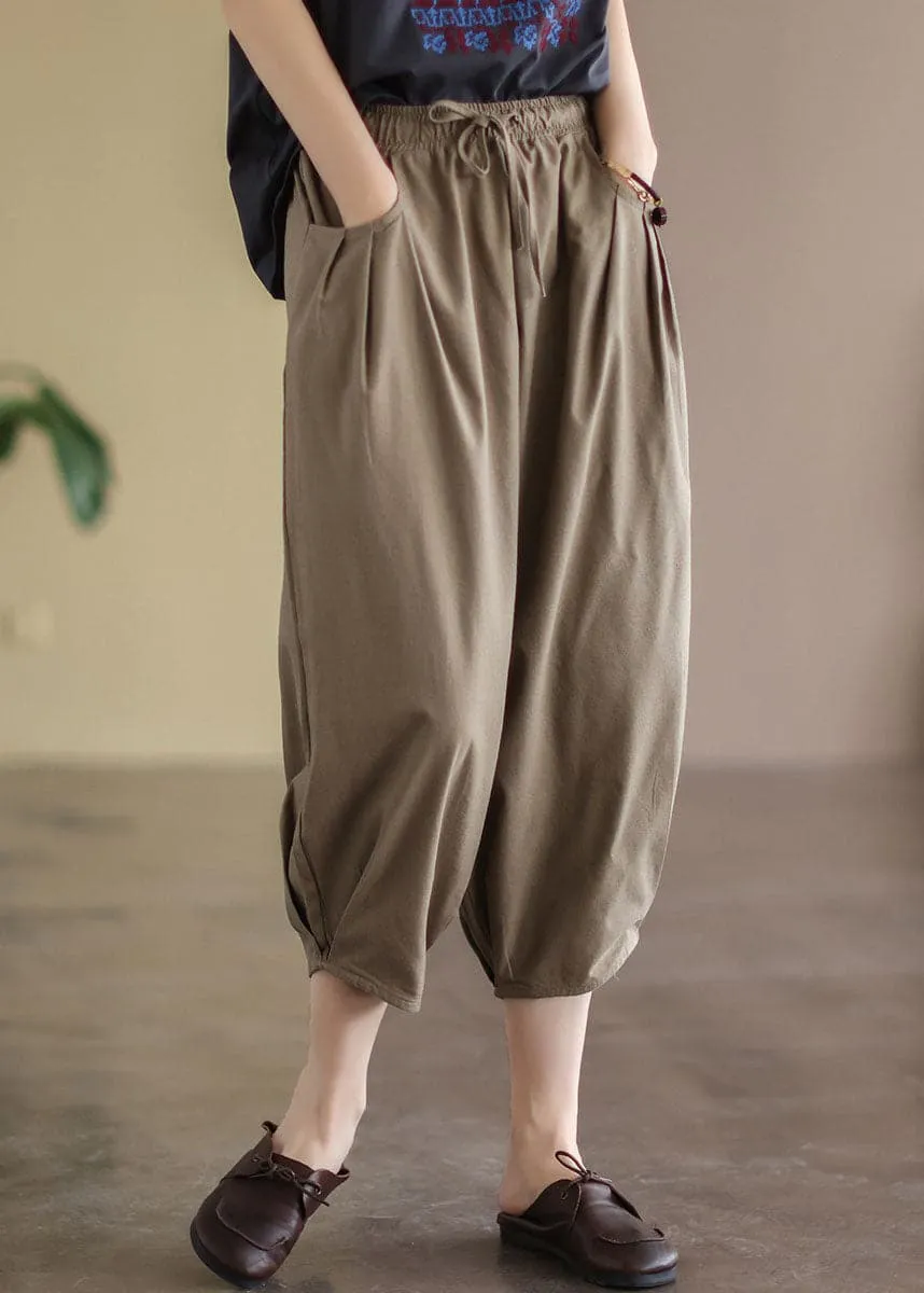 Coffee Loose Linen Harem Pants Elastic Waist Drawstring Summer