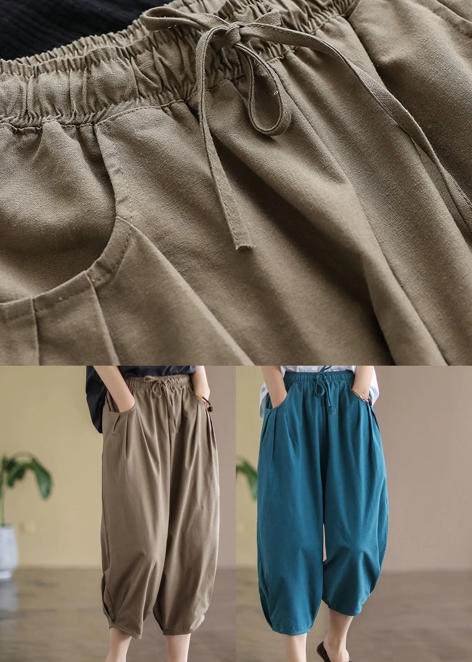 Coffee Loose Linen Harem Pants Elastic Waist Drawstring Summer