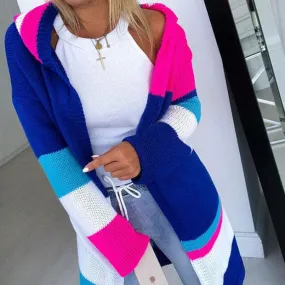 Colorblock Hooded Long Cardigan Sweater