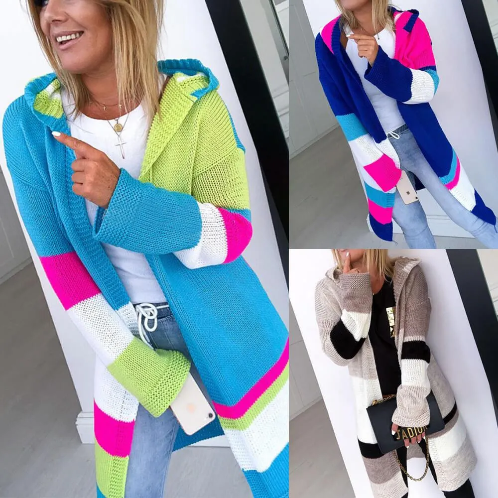 Colorblock Hooded Long Cardigan Sweater