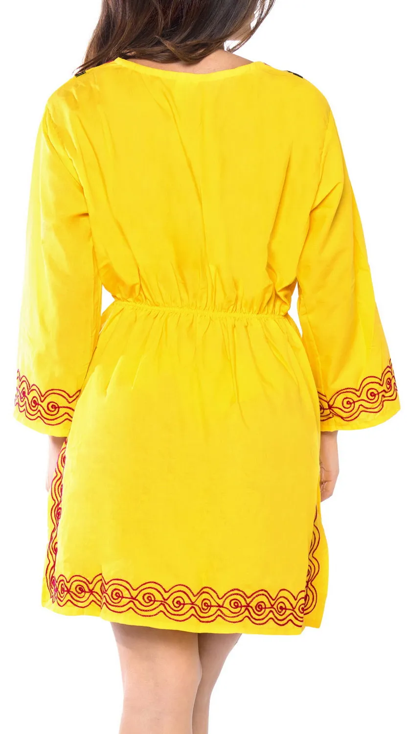 Cover up Tunic Top Embroidered Long Sleeves Ladies Bathing Suit Swim Yellow