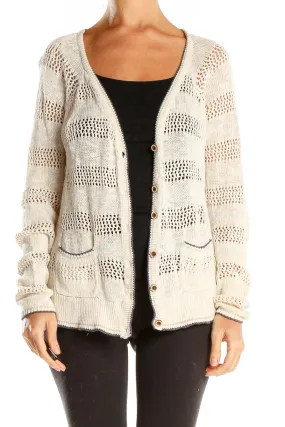 Cream Striped Open-Knit Cardigan