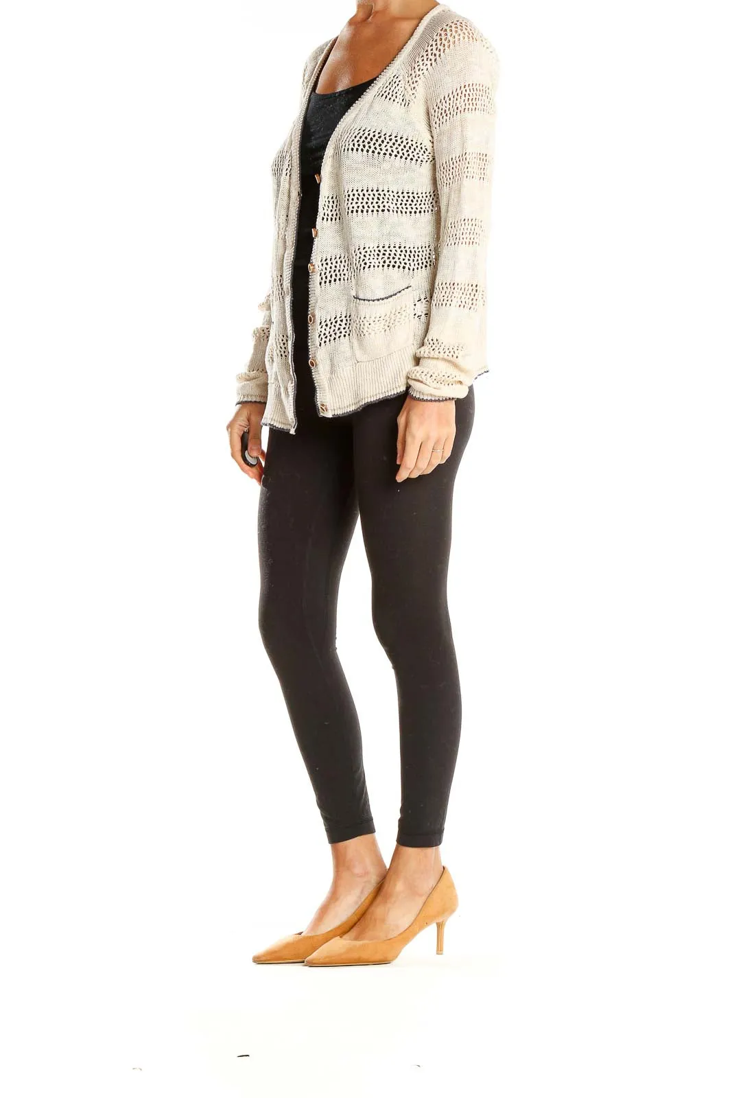 Cream Striped Open-Knit Cardigan