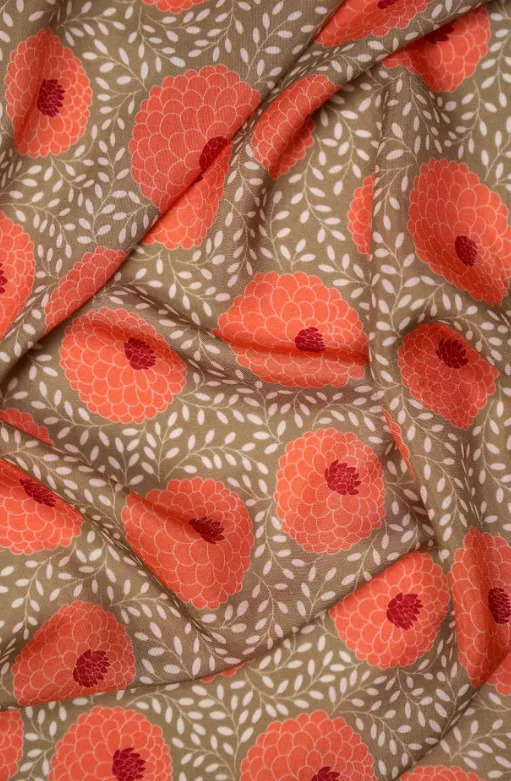 Deco Pattern Printed Marigold Motif Natural Muslin Silk Fabric