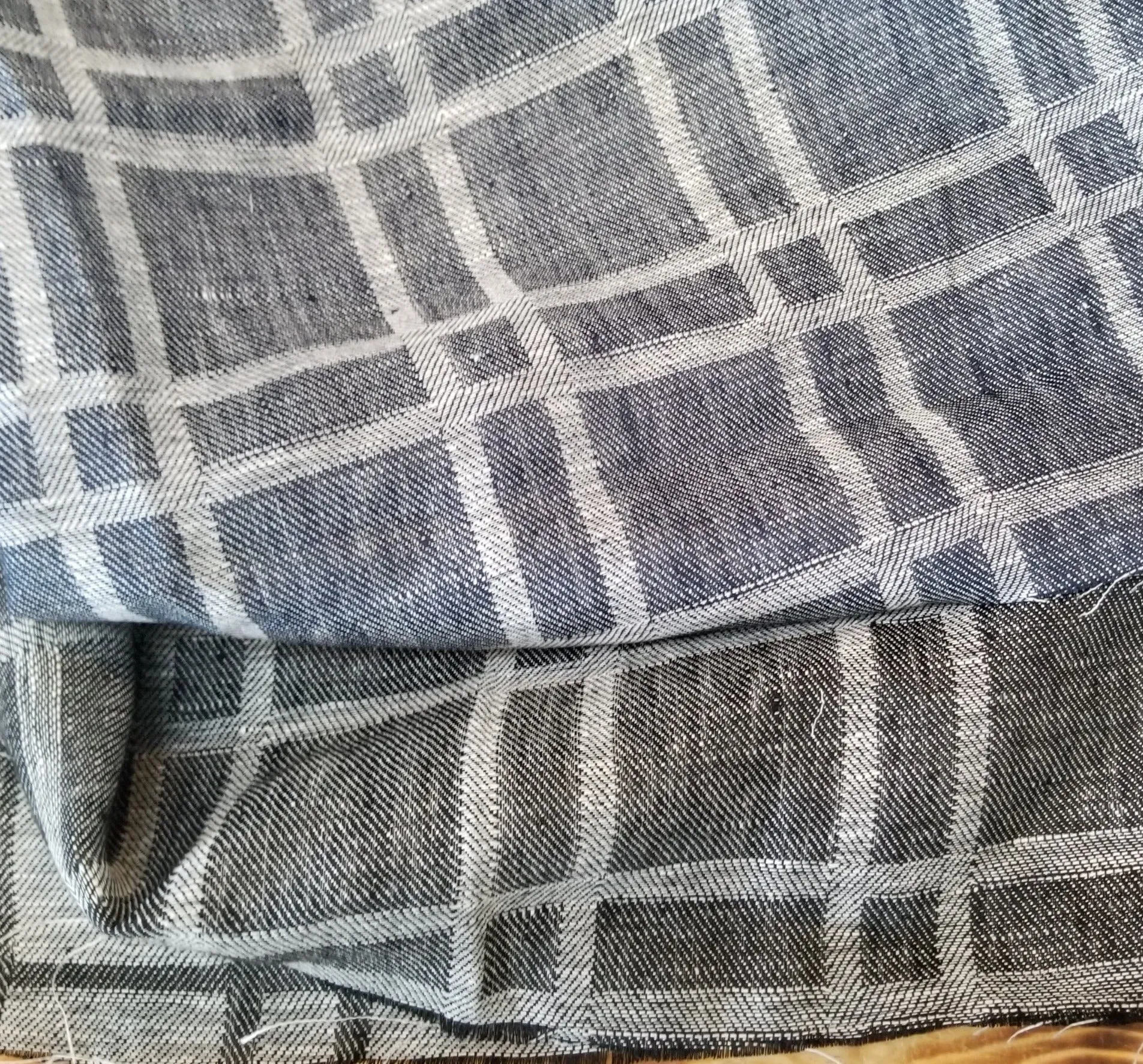 Designer Deadstock Windowpane Plaid Black and Gray Linen Jacquard Reversible Woven-by the yard