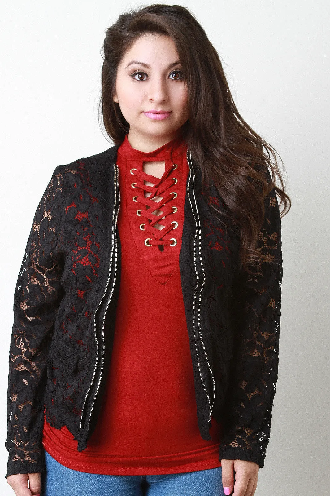 Double Zipper Floral Lace Jacket