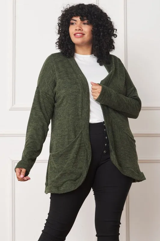 EG FASHION Plus-size Olive Solid Drape Pocket Cardigan