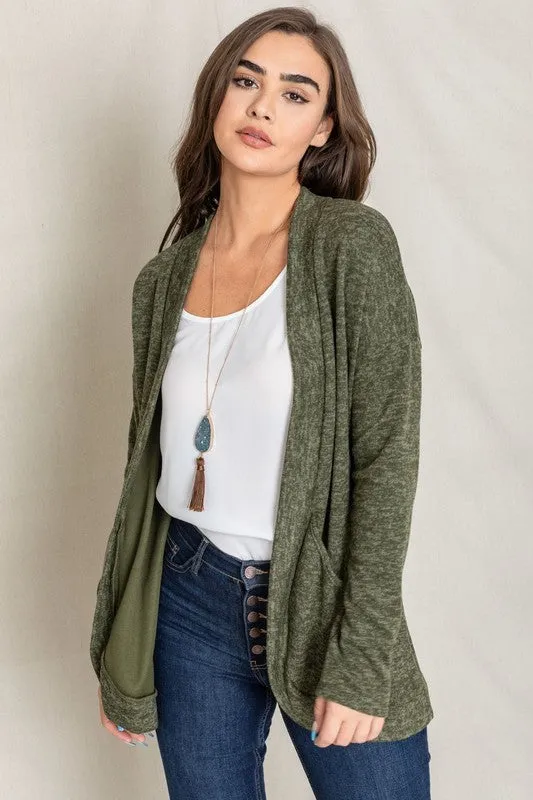 EG FASHION Plus-size Olive Solid Drape Pocket Cardigan