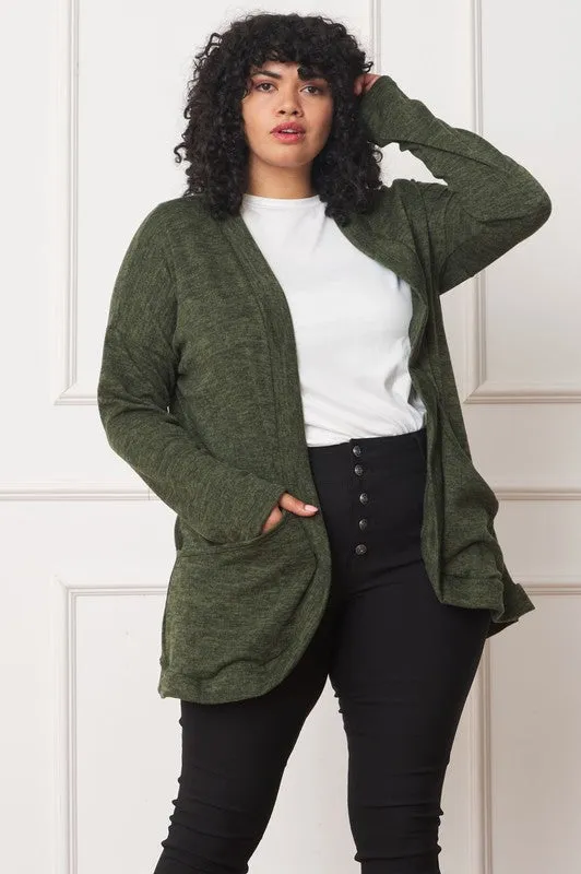 EG FASHION Plus-size Olive Solid Drape Pocket Cardigan