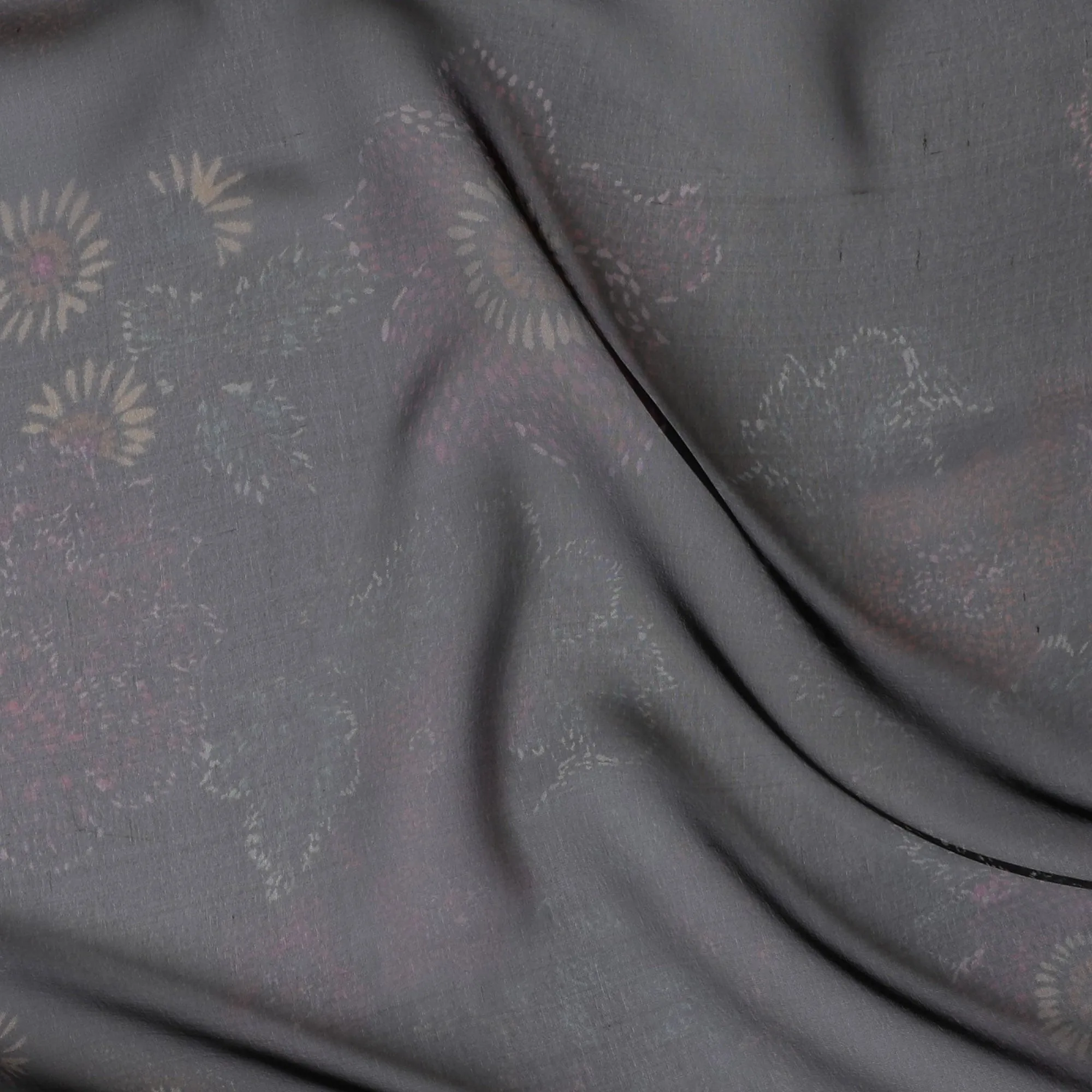 Elegant Charcoal Grey Floral Pure Silk Chiffon Fabric, 110 cms, South Korea-D19888