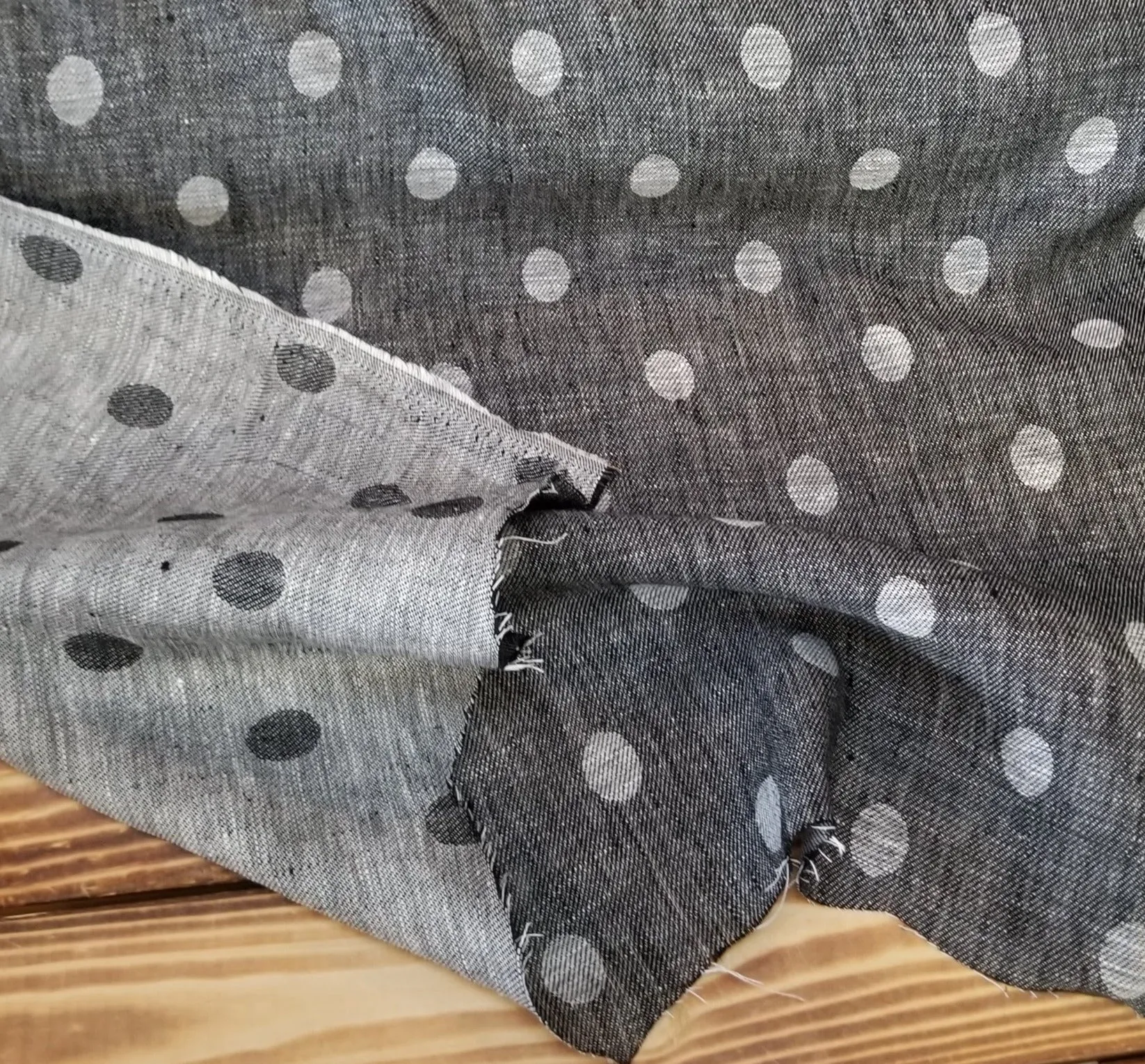 End of BOlt: 1/2 yard of Designer Deadstock Linen Reversible Dots Black and Ivory Jacquard Woven-remnant