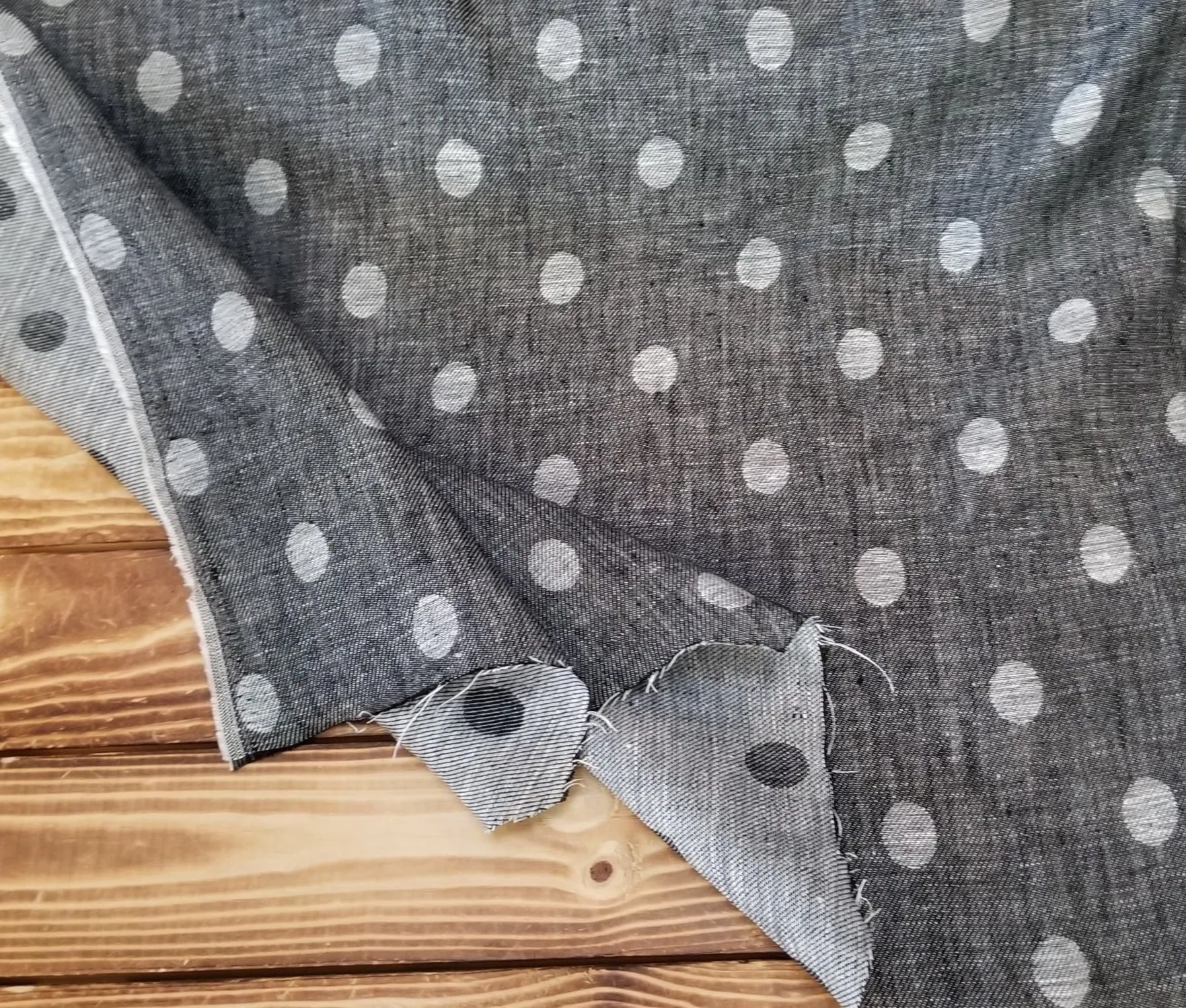 End of BOlt: 1/2 yard of Designer Deadstock Linen Reversible Dots Black and Ivory Jacquard Woven-remnant