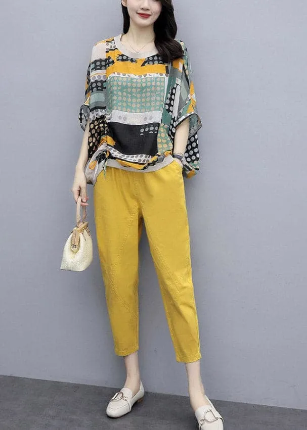 Fashion Yellow O-Neck Print Top And Pants Two Pieces Set Summer