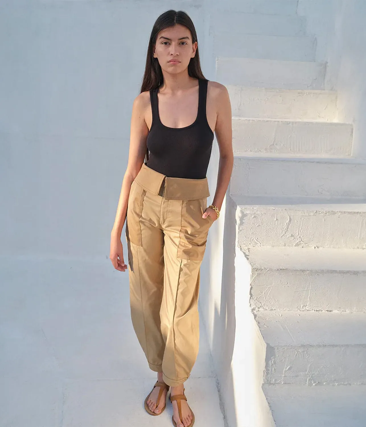 FOLD OVER TROUSER- LIGHT TAN