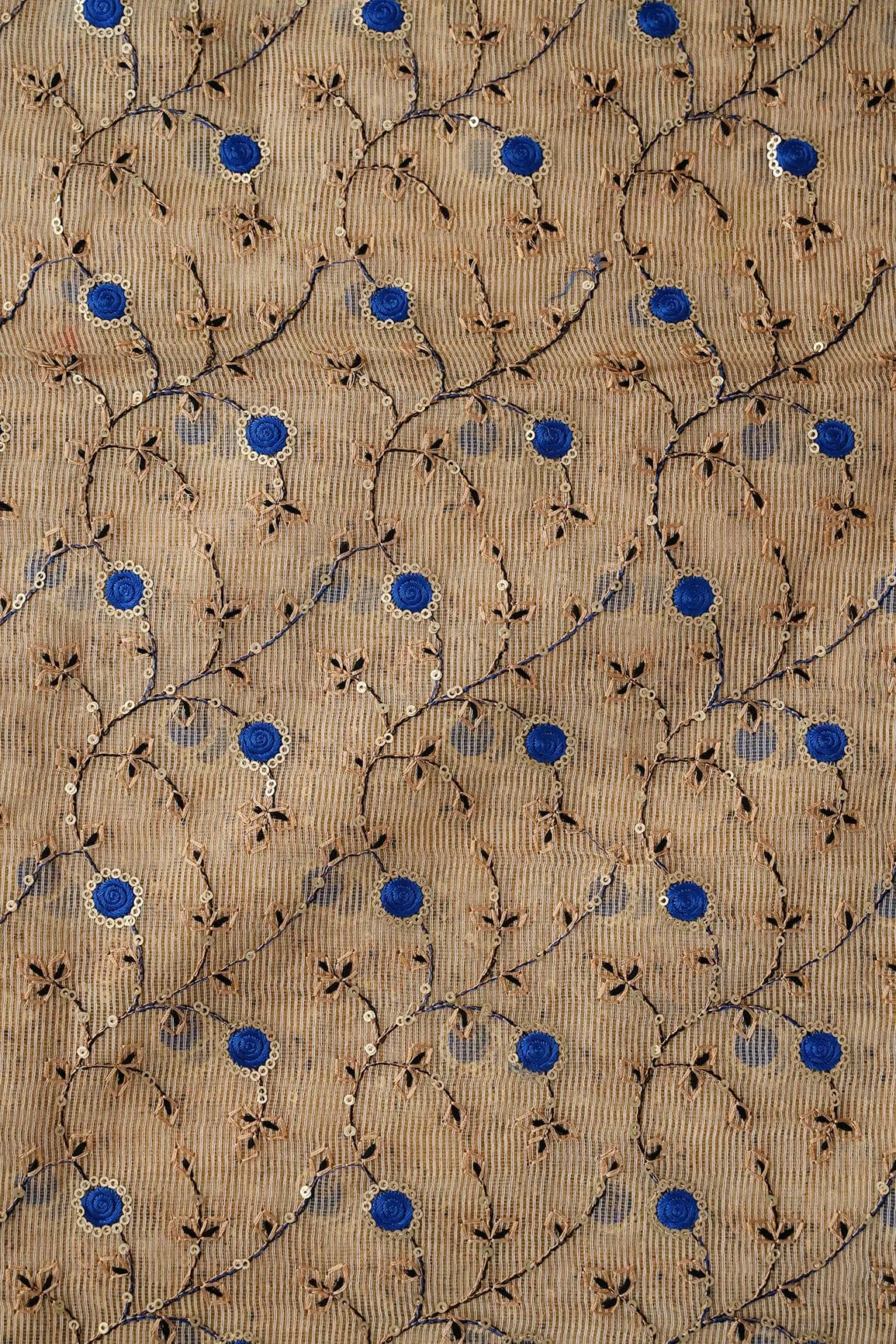 Gold Sequins With Royal Blue Color Thread Floral Embroidery On Beige Kota Doria Net Fabric