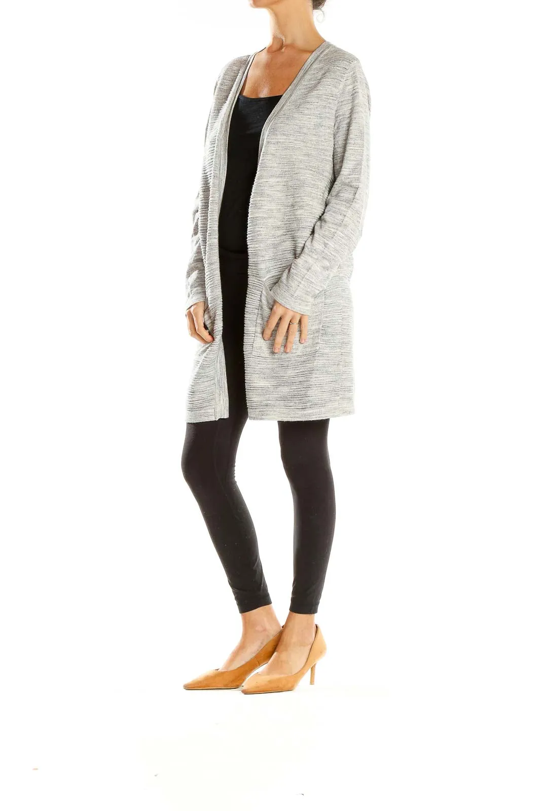 Gray Long Open Front Cardigan