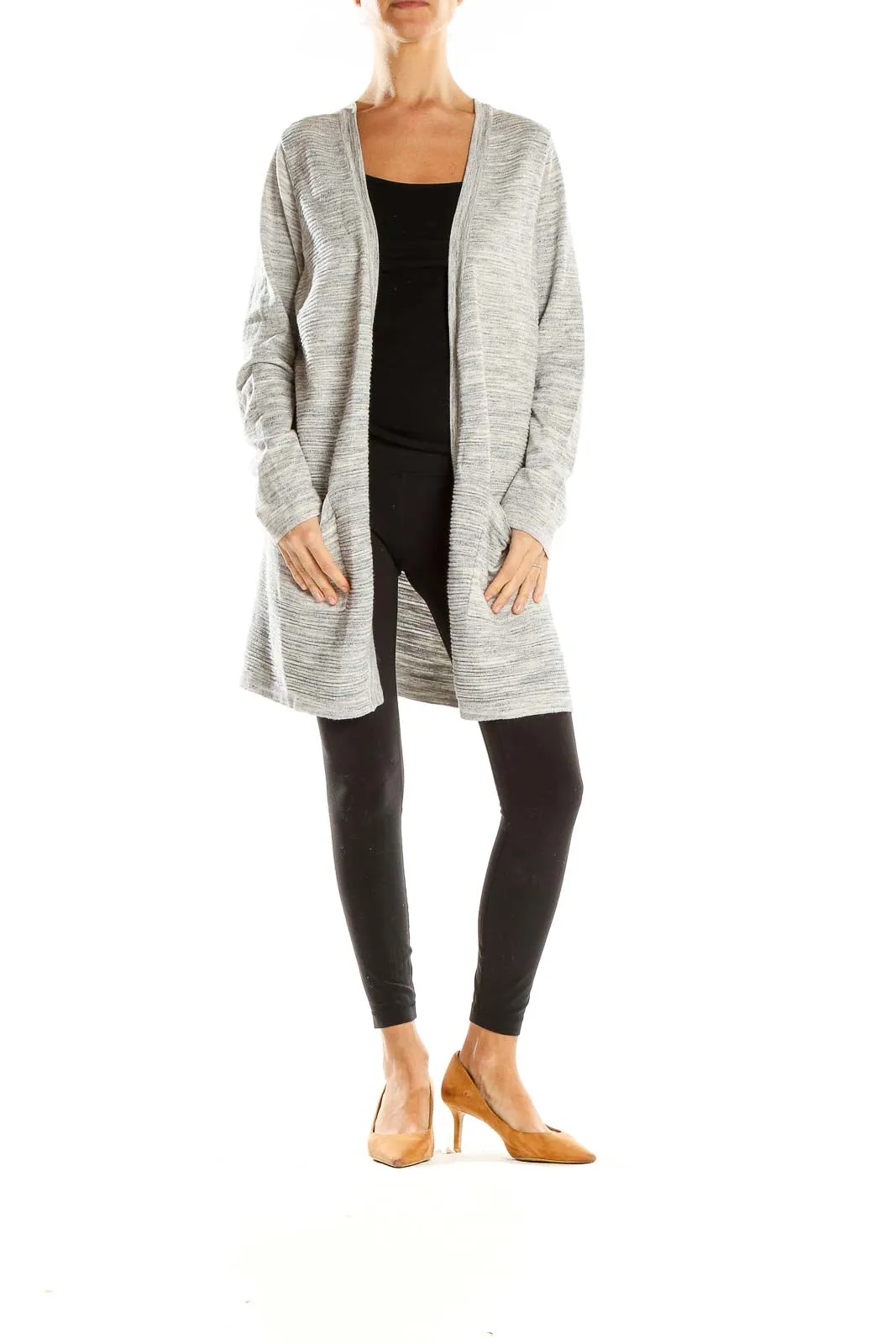 Gray Long Open Front Cardigan