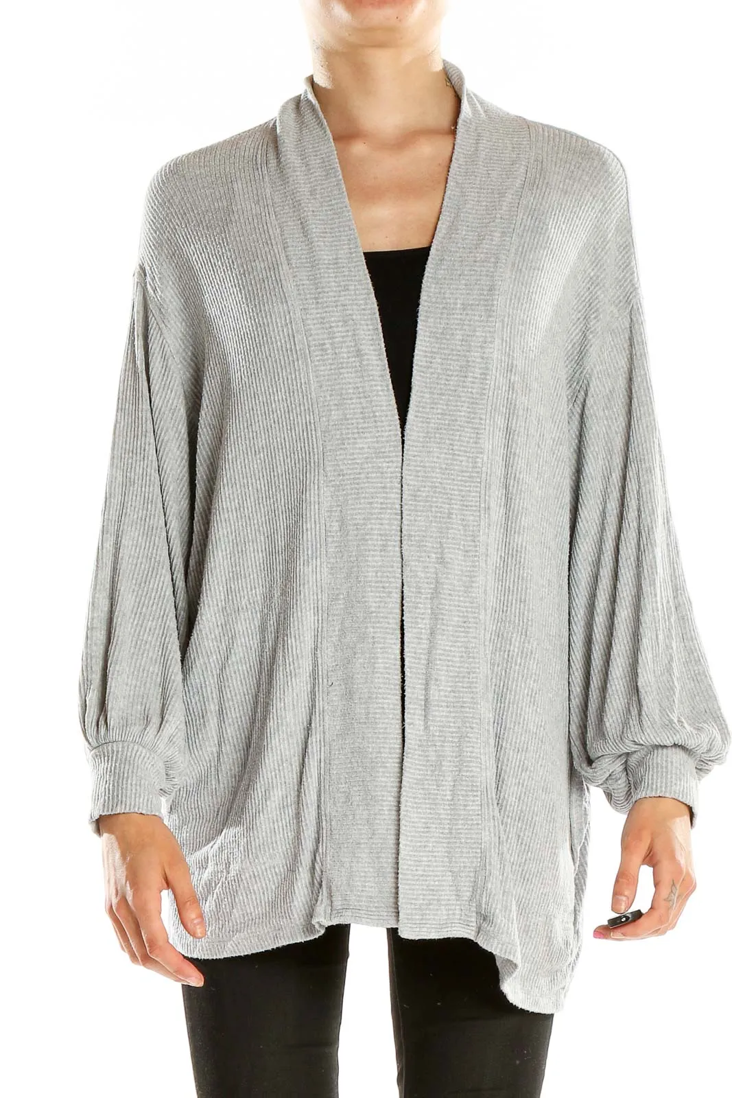 Gray Ribbed Open Front Cardigan