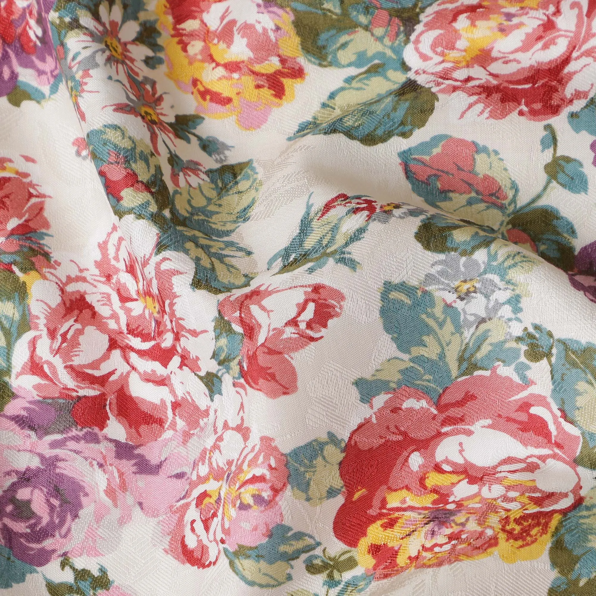 Ivory Japanese Cotton Voile Fabric, Vibrant Floral Print in Pink, Purple & Green, 110 cm Width-D20908