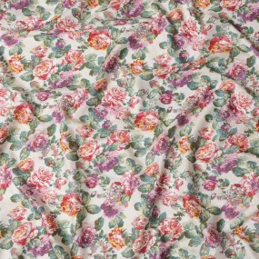 Ivory Japanese Cotton Voile Fabric, Vibrant Floral Print in Pink, Purple & Green, 110 cm Width-D20908