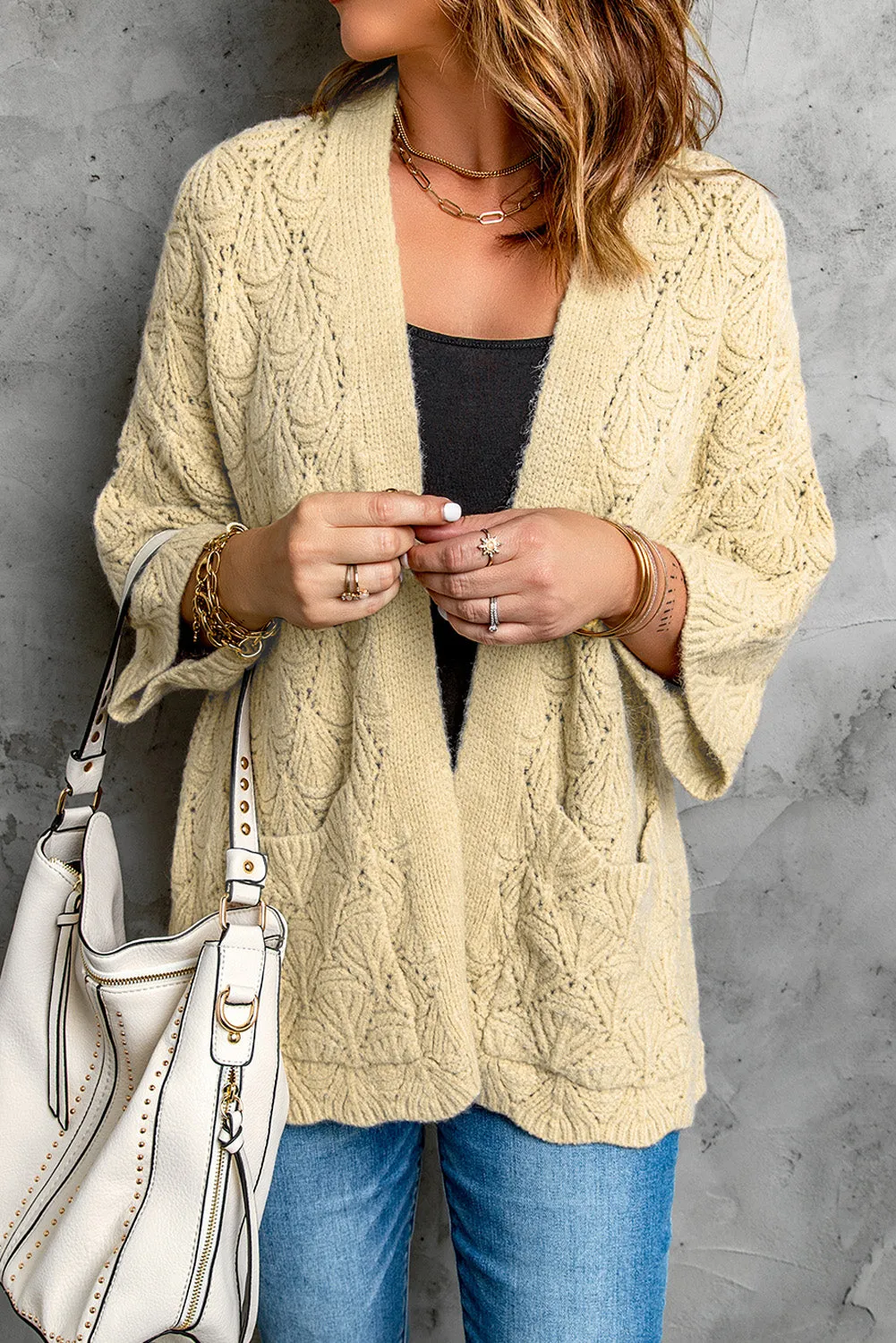 Khaki Textured Pocket Knit Open Front Cardigan