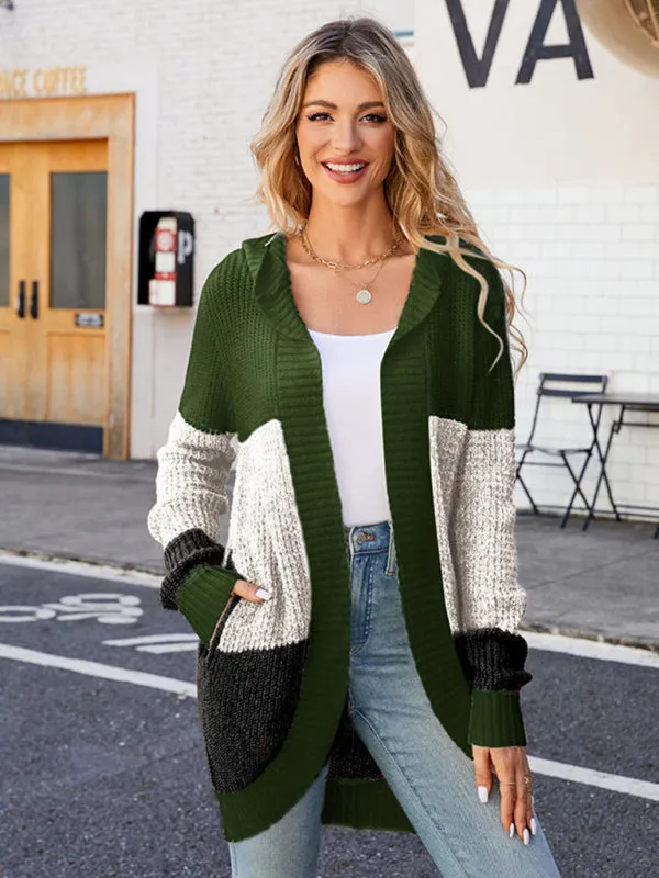 Knitted Color Block Open Front Hoodie Long Cardigan