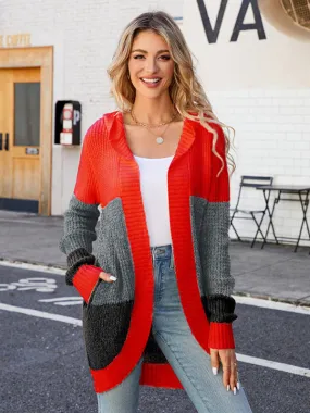 Knitted Color Block Open Front Hoodie Long Cardigan