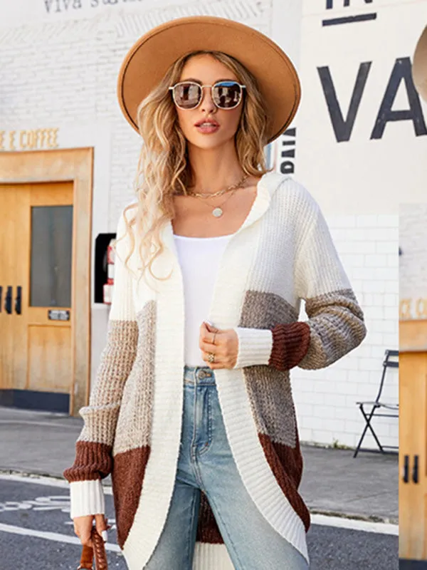 Knitted Color Block Open Front Hoodie Long Cardigan