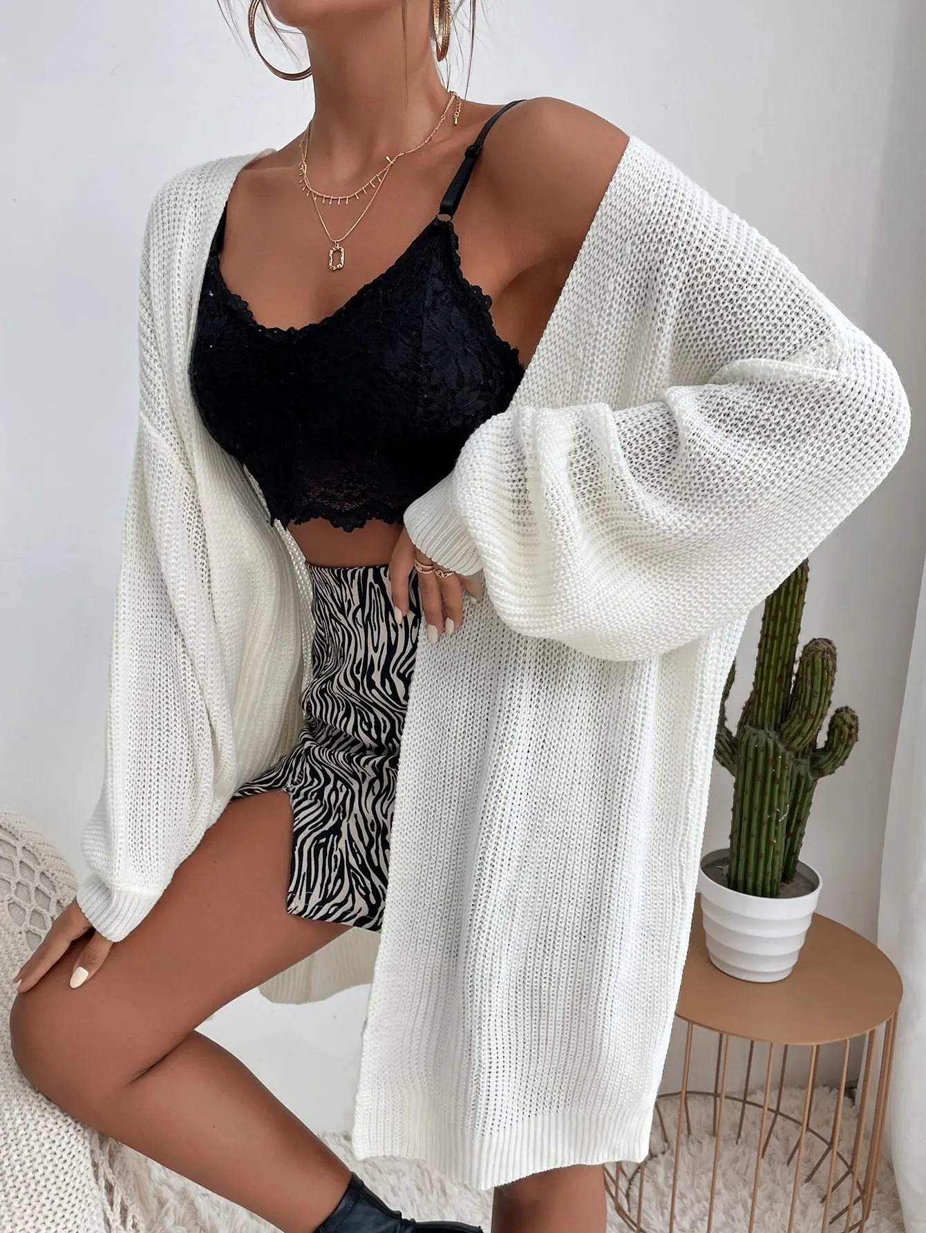 Lantern Sleeve Open Front Cardigan