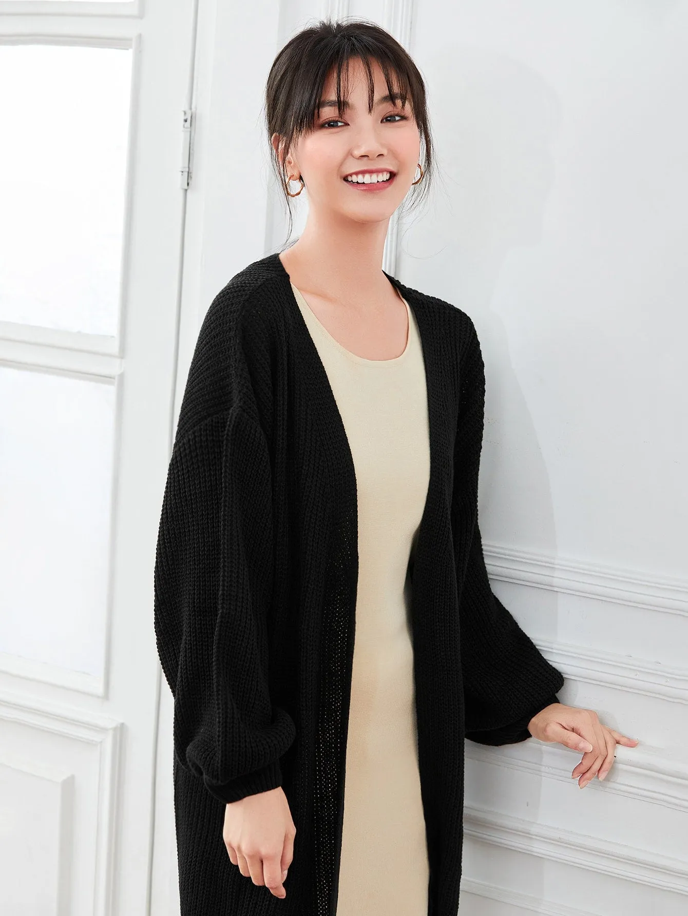 Lantern Sleeve Open Front Cardigan