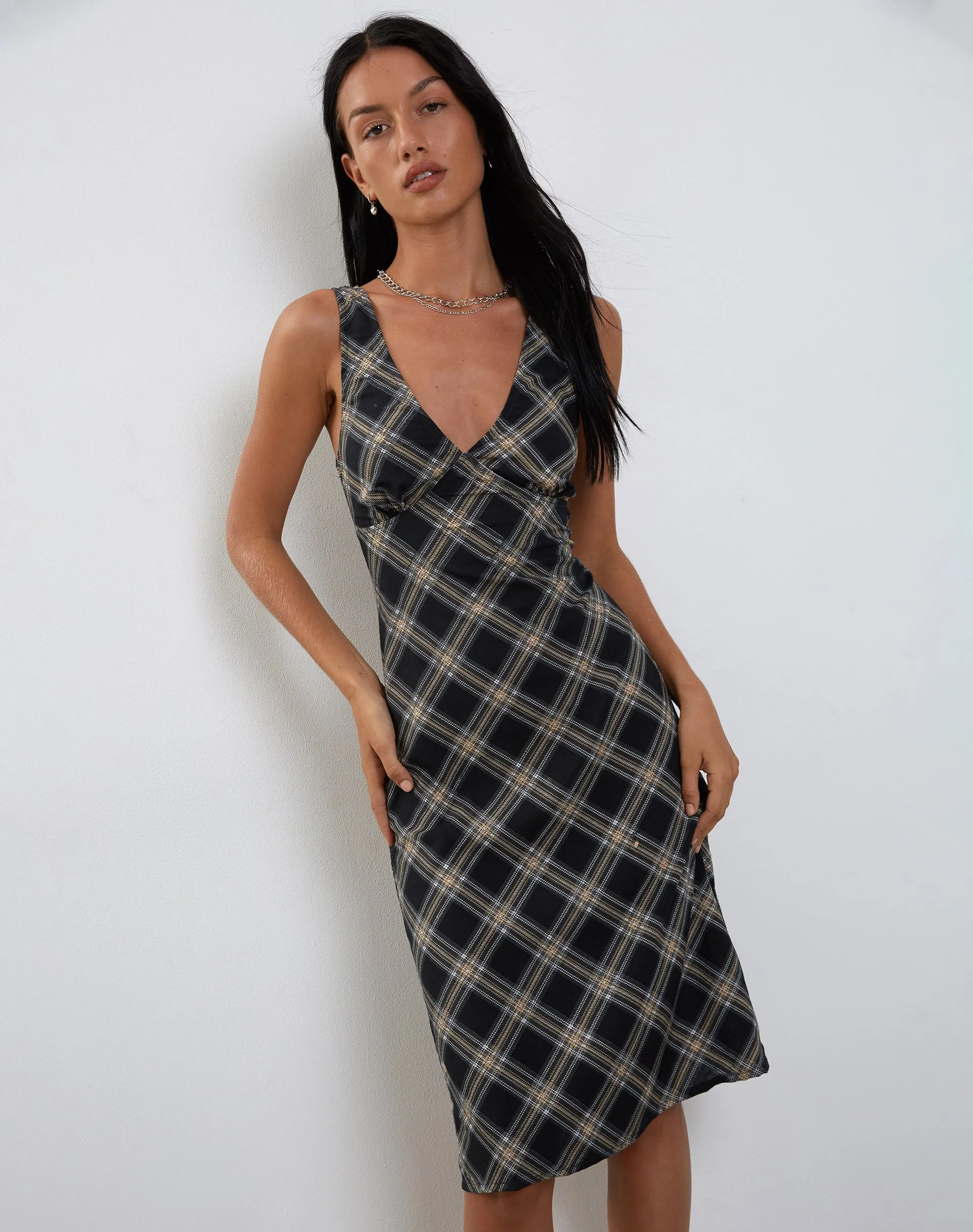 Lieva Midi Dress in Black and Grey Check