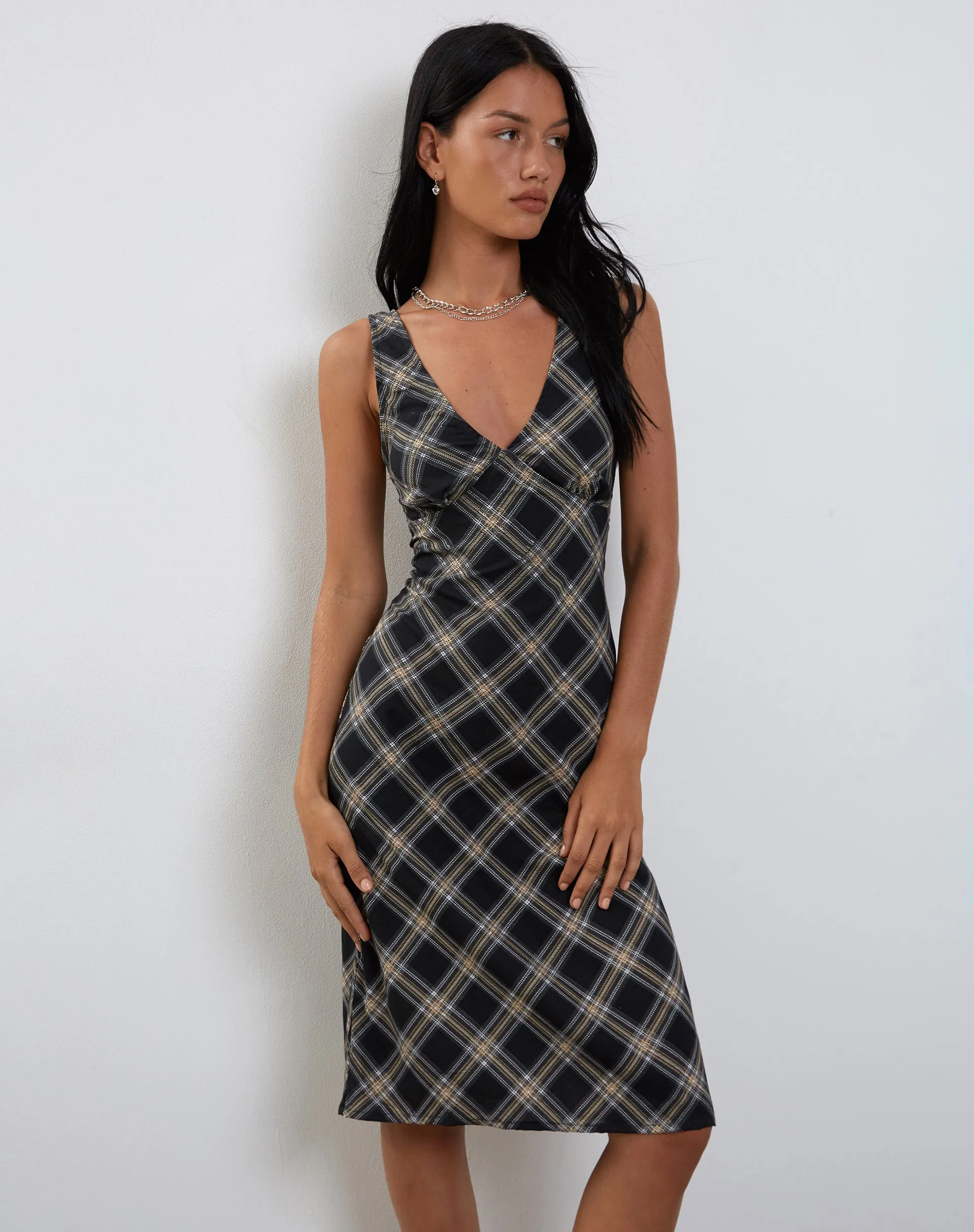 Lieva Midi Dress in Black and Grey Check