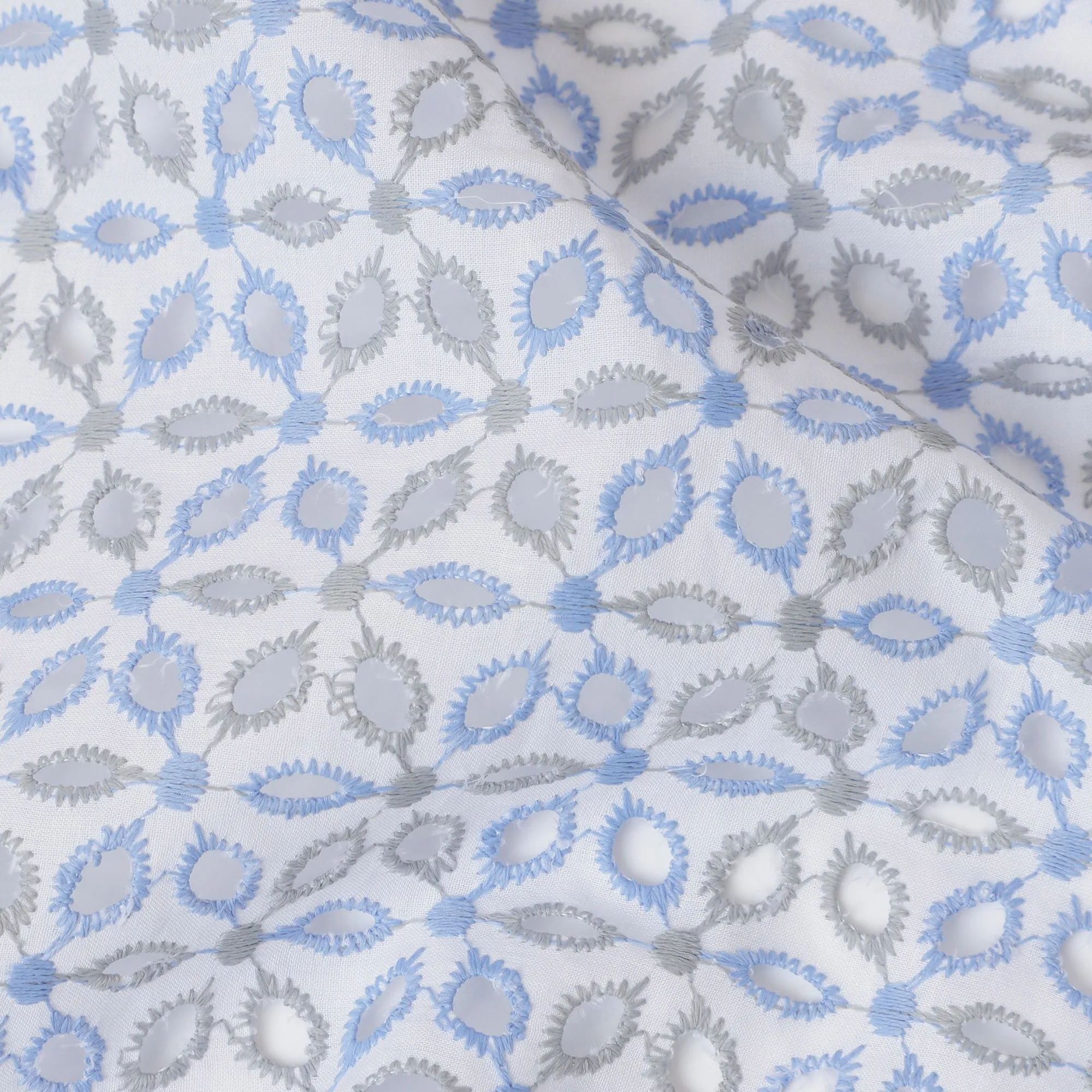 Light Blue Cotton Lawn Fabric with Geometric Embroidery, 110 cm Width-D20449