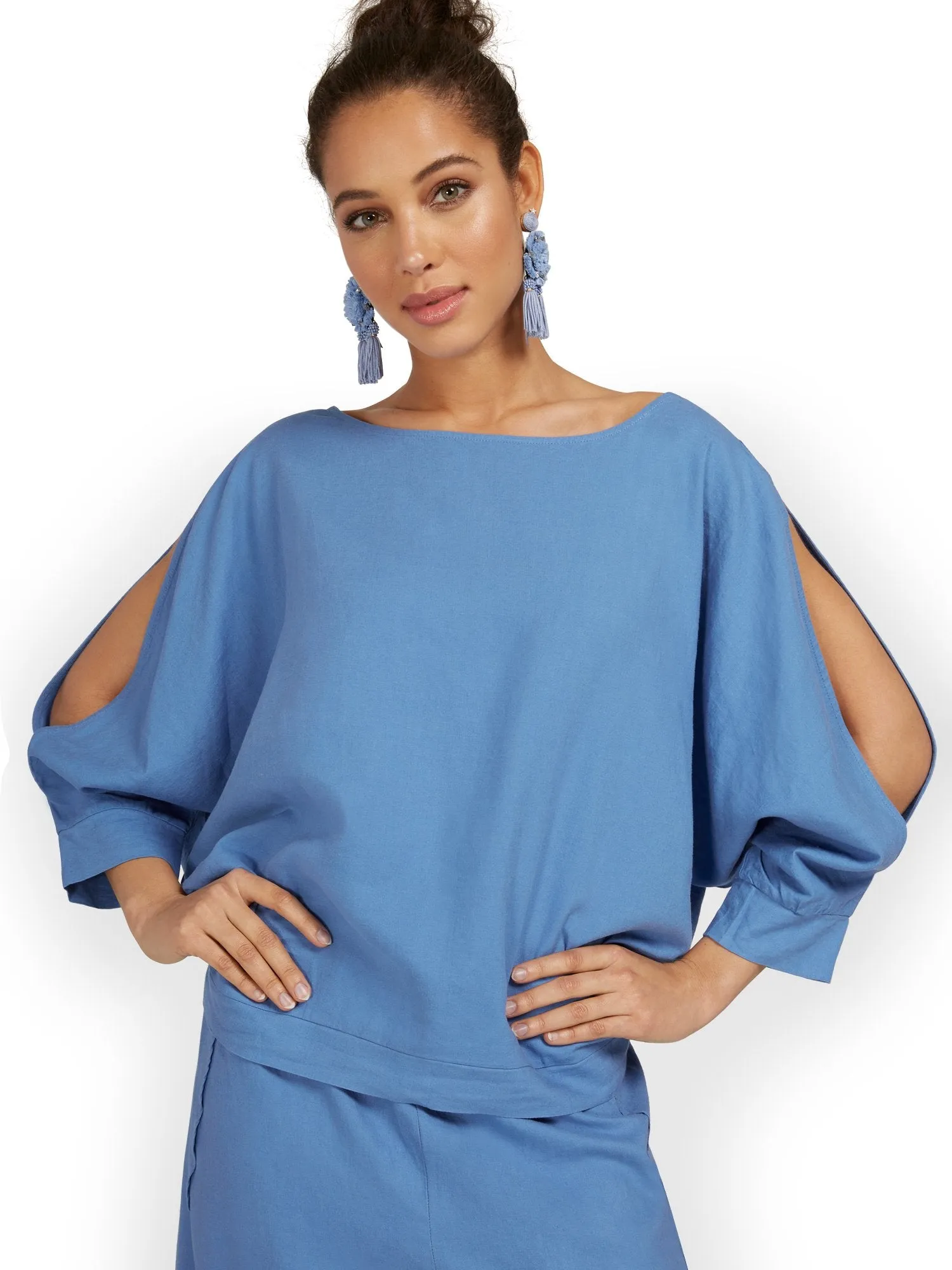 Linen-Blend Slit-Sleeve Top