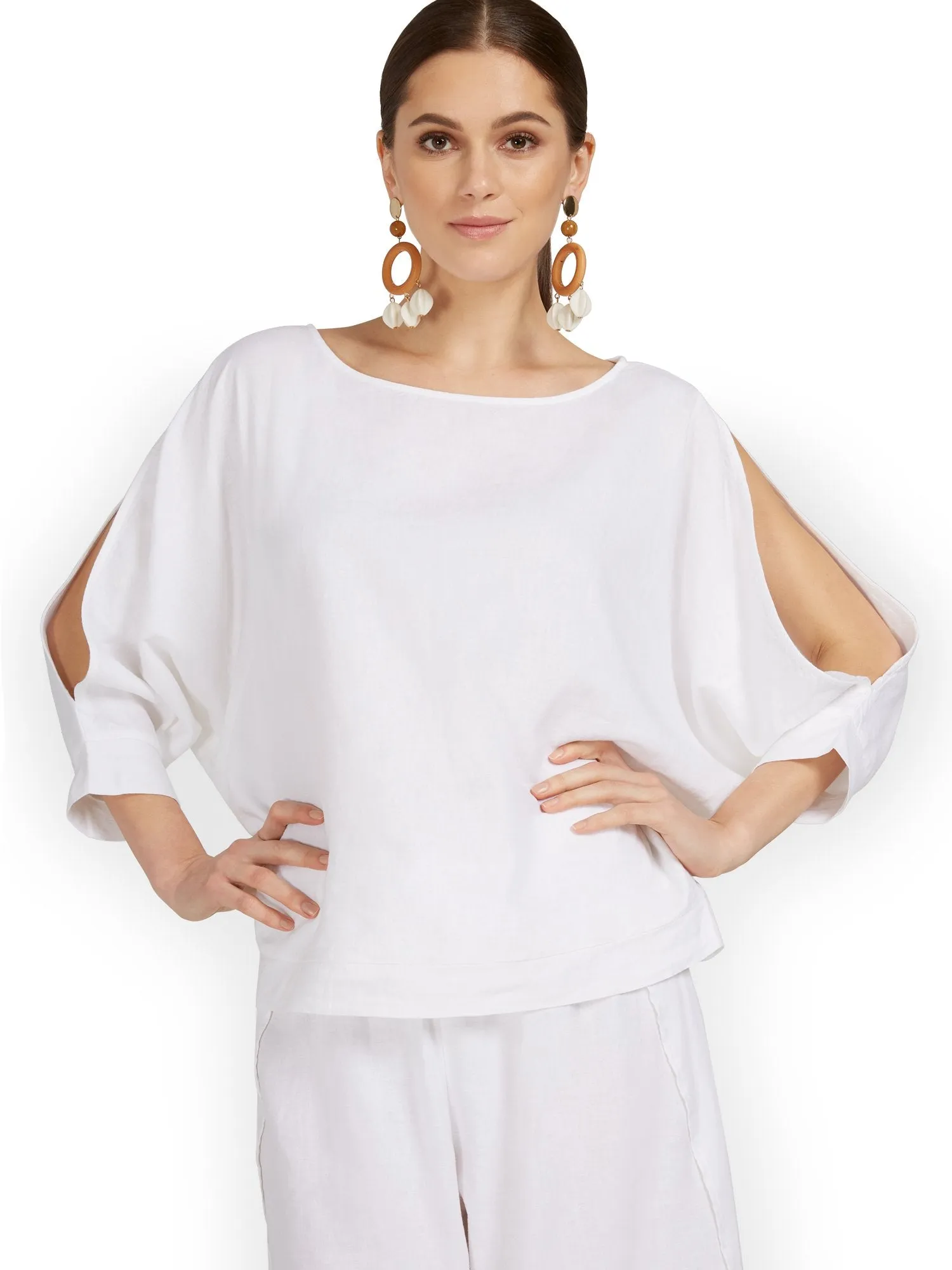 Linen-Blend Slit-Sleeve Top