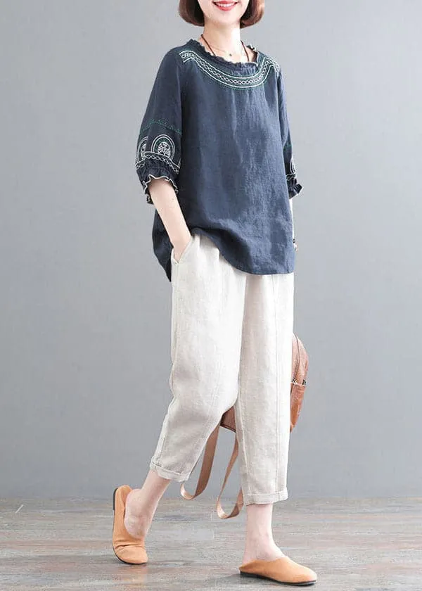 Loose Navy O-Neck Top And Corp Pants Two-Piece Set Summer