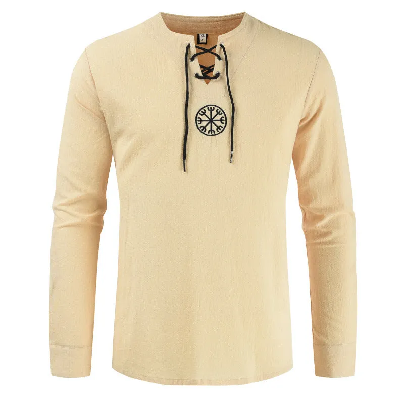 Men's Casual Long Sleeve Linen Tee Hippie V Neck Renaissance Costume Tops