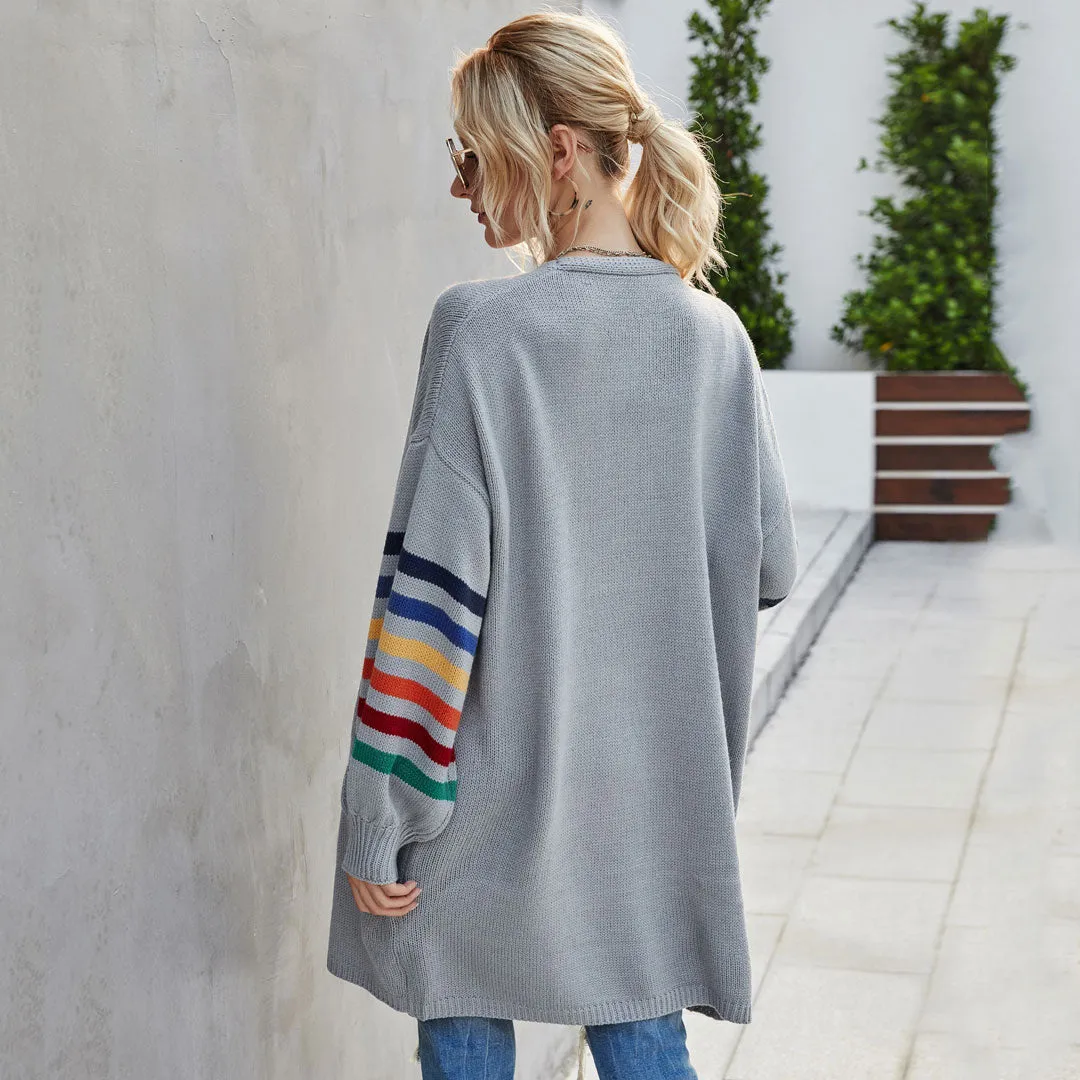 Multicolor Striped Long Sleeve Open Front Knit Cardigan