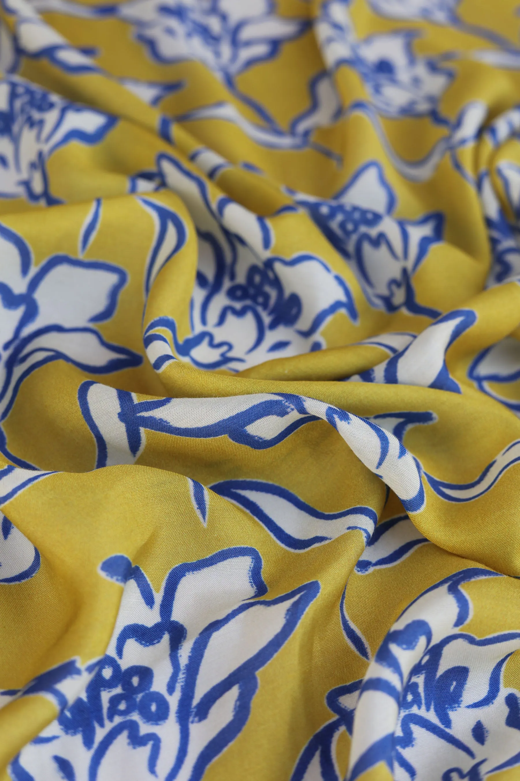 Mustard Off White Floral Pattern Printed Natural Muslin Silk Fabric