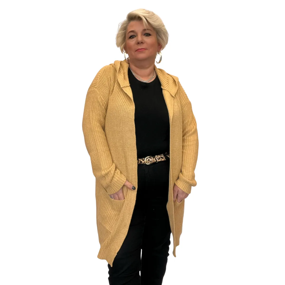 MUSTARD OPEN FRONT HOODY CARDIGAN WITH POCKETS