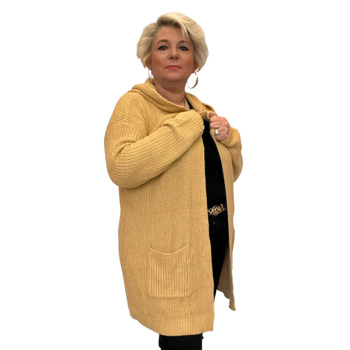 MUSTARD OPEN FRONT HOODY CARDIGAN WITH POCKETS