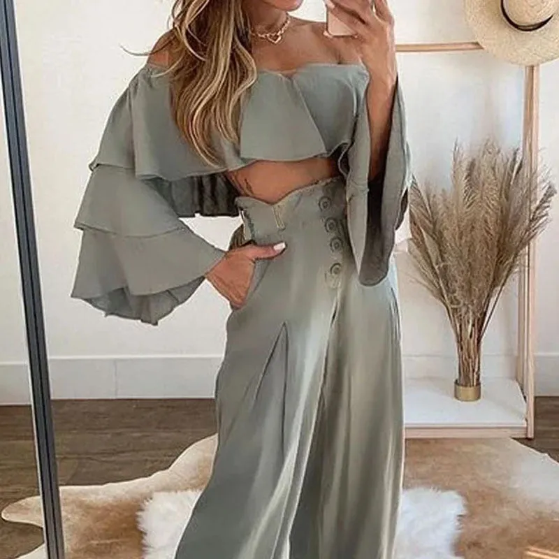 One Shoulder Pleated Backless Loose Pants Suit