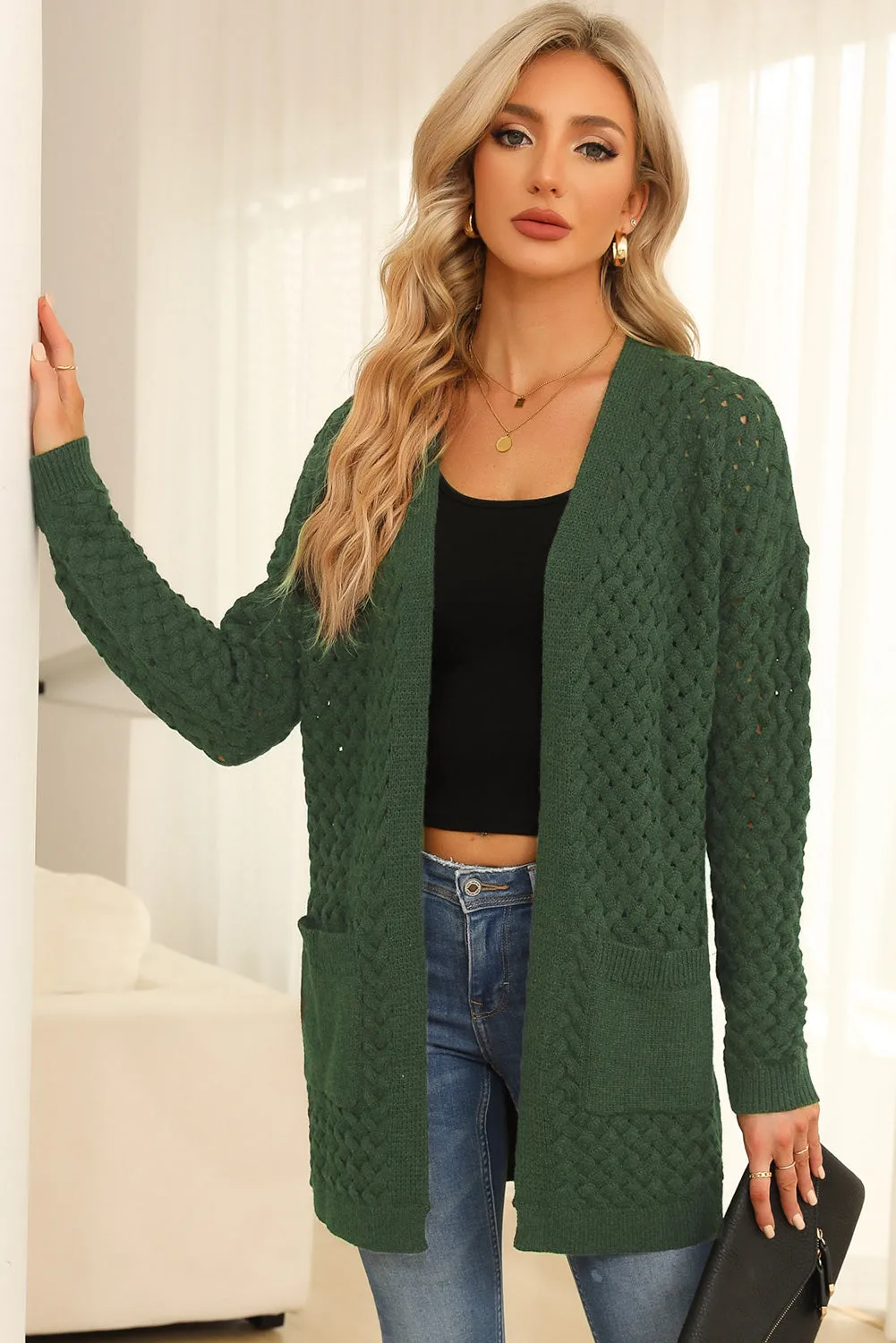 Open Front Dropped Shoulder Cardigan with Pockets