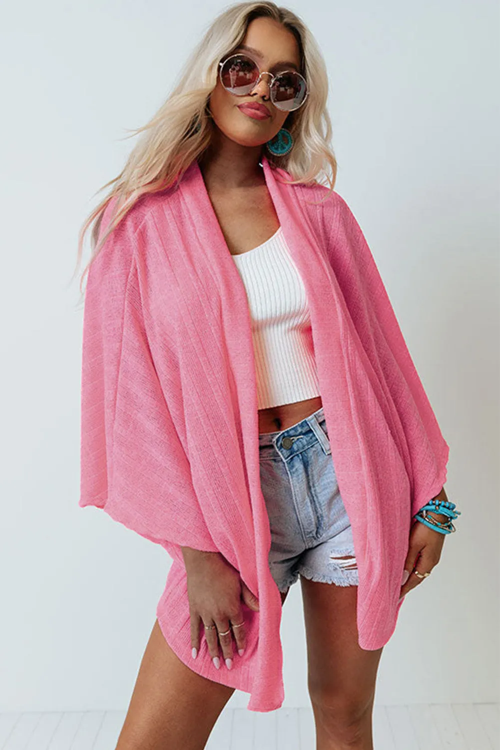 Open Front Kimono Sleeves Knit Cardigan