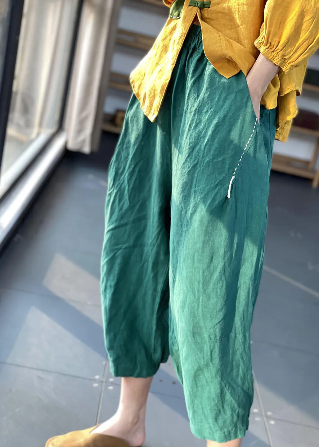 Organic Green Pockets Loose Harem Fall Pants